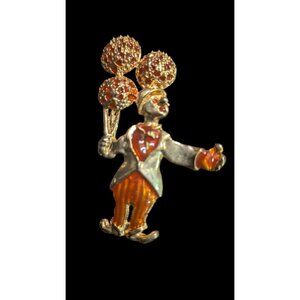 Vintage Colorful Enamel Gold-Tone Juggling Clown Pin Brooch 3"